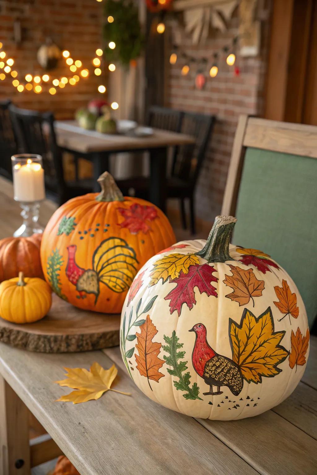 Vibrantly painted pumpkins showcasing autumn designs.