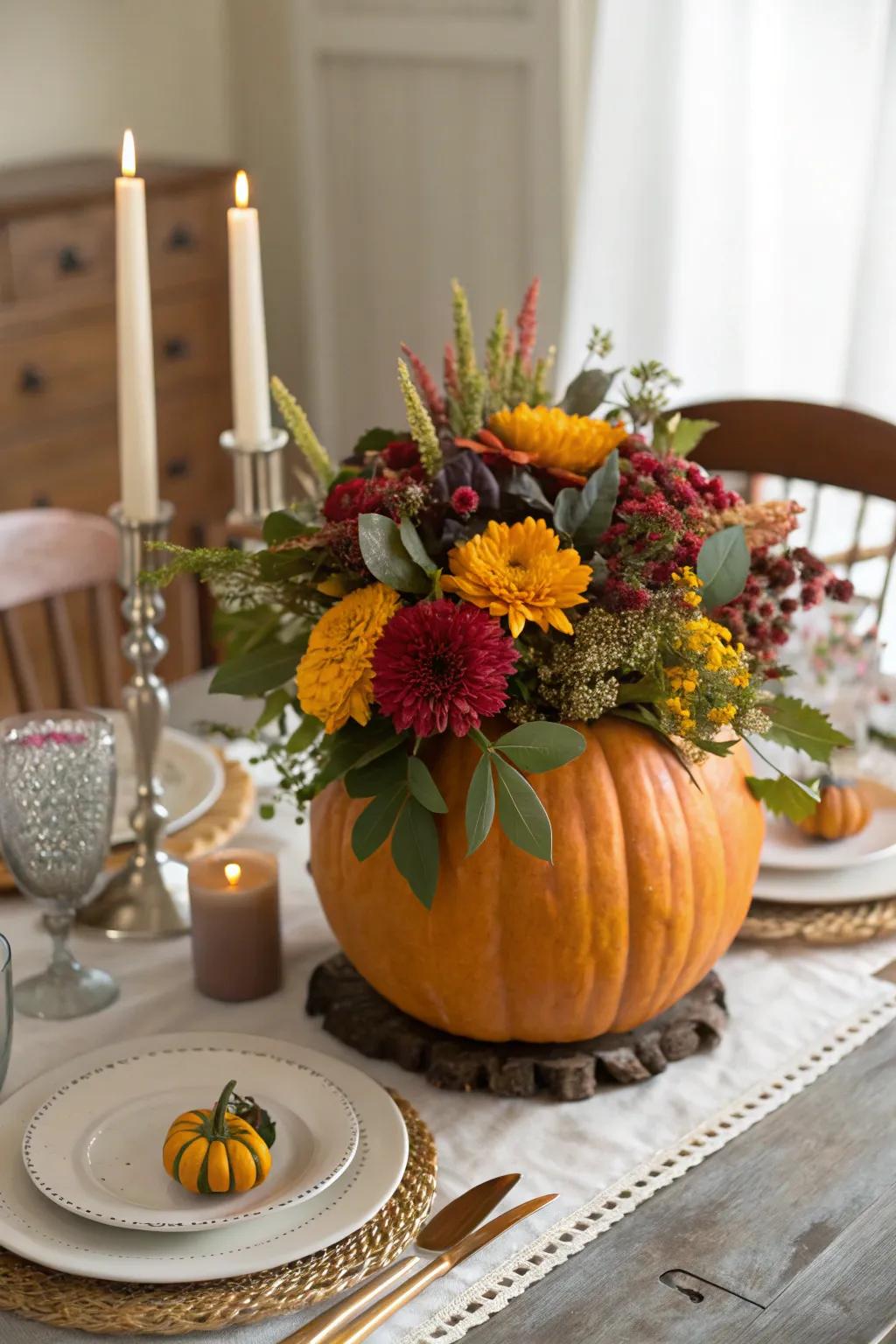 A vibrant floral arrangement inside a pumpkin centerpiece.