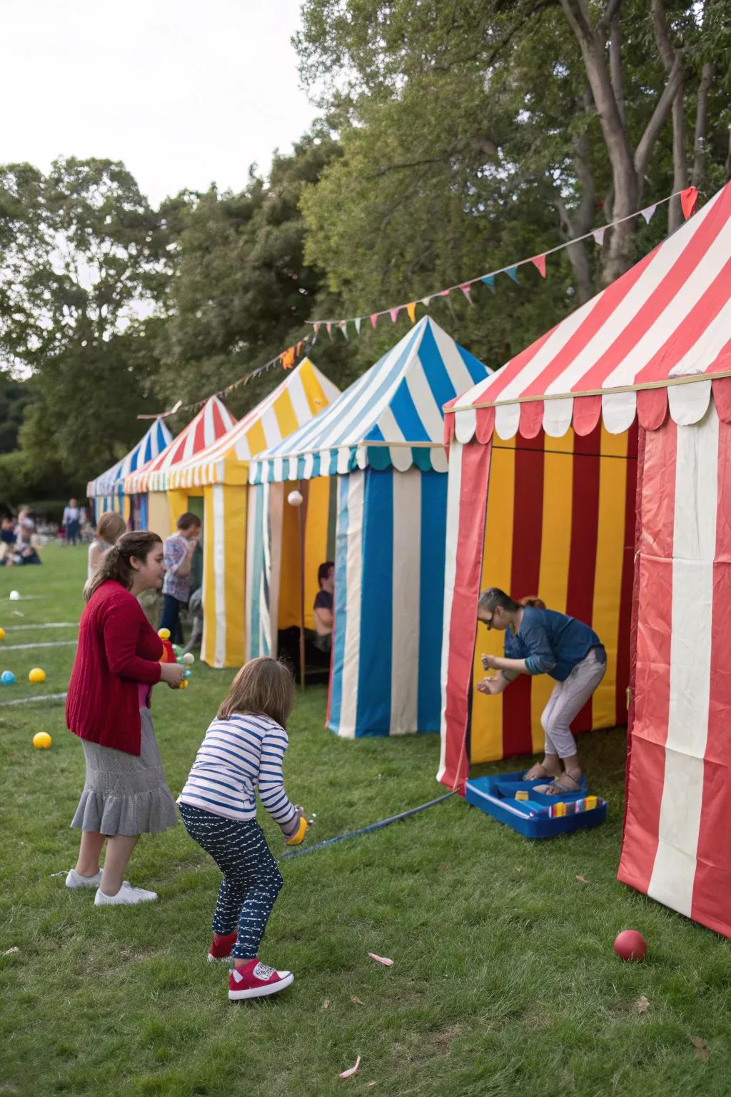 Homemade booths bring the classic carnival aesthetic to your space.