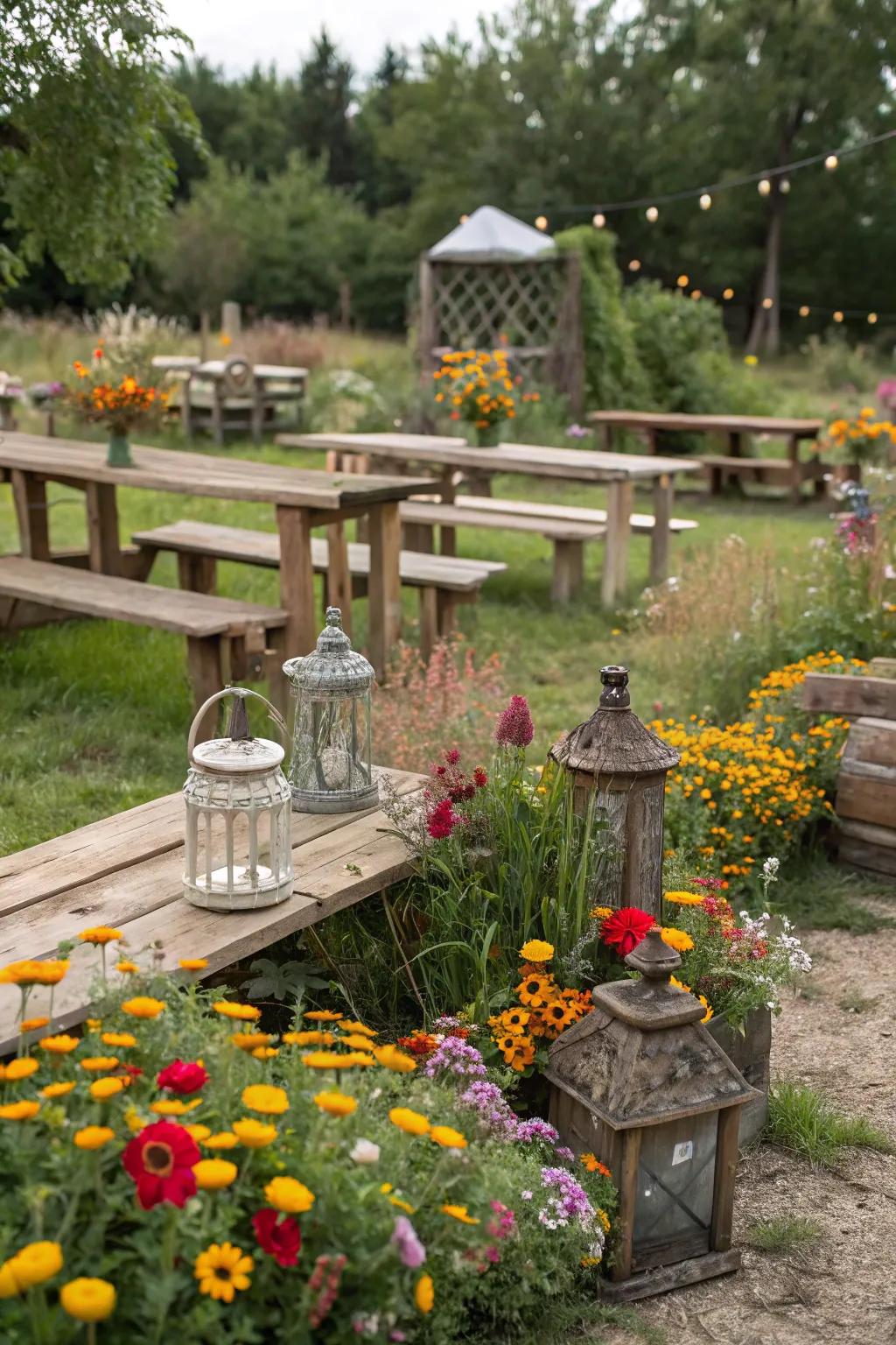 A rustic garden blending wooden details with brightly colored flowers.
