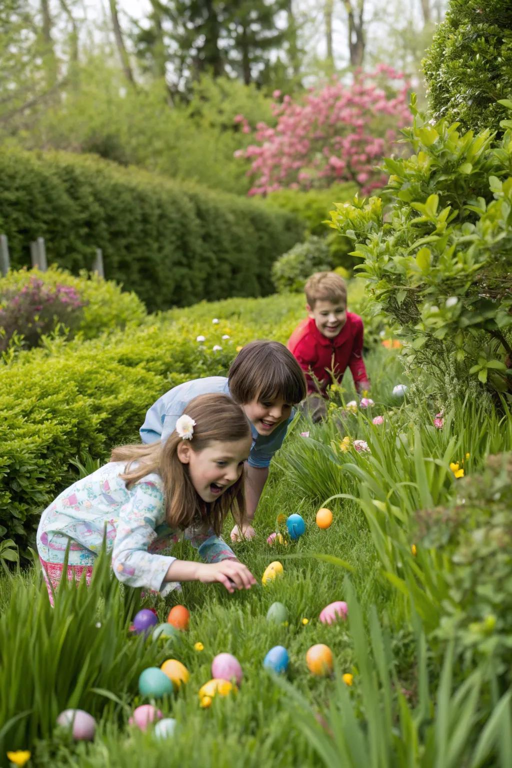 Children relishing in a fun Easter egg scramble.