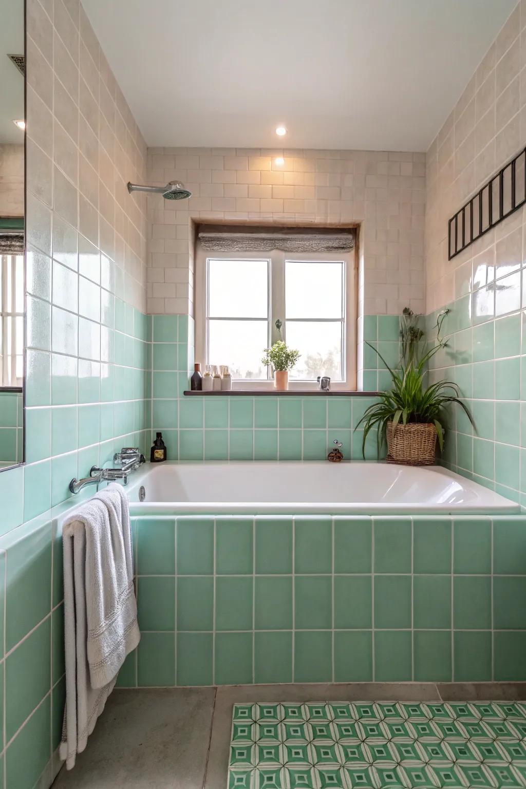 Pastel tiles impart a delicate and calming ambiance to your bathing area.