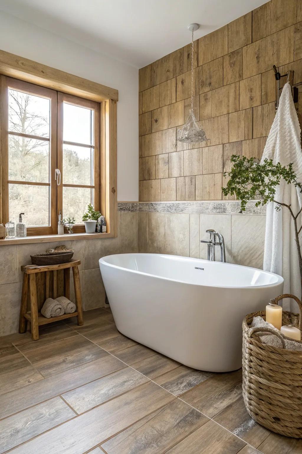 Transform your bathroom into a peaceful woodland retreat with the sophistication of wood-look coverings.