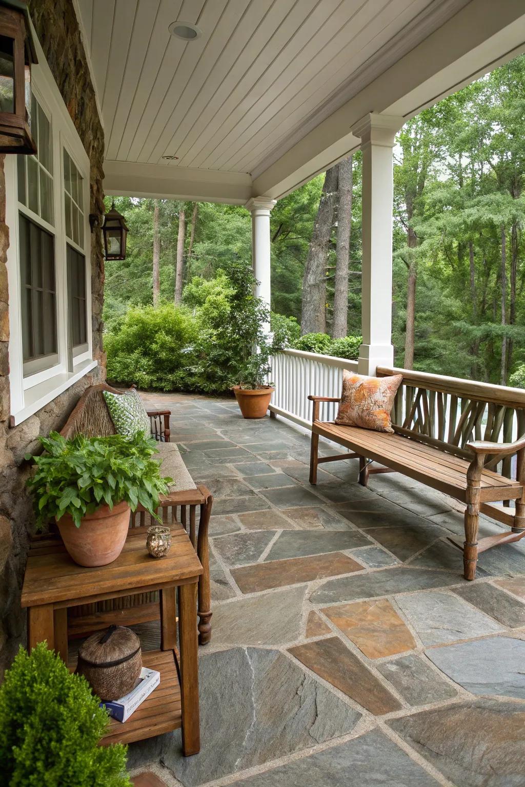 Natural stone tiles foster a rustic and welcoming porch ambiance.