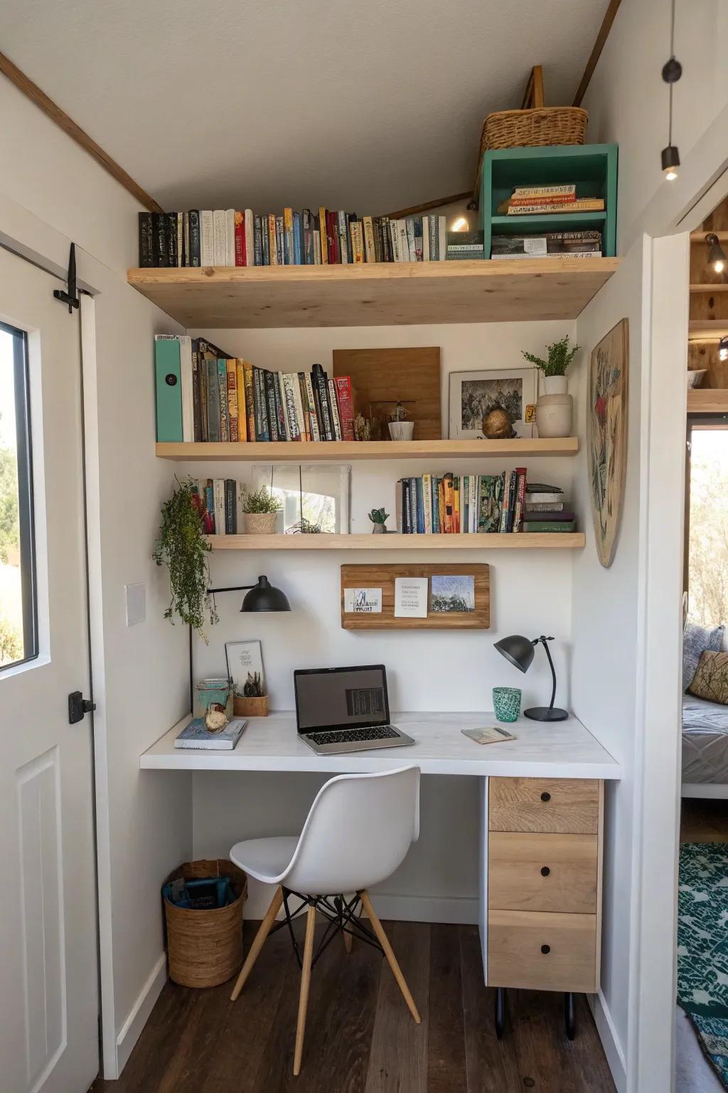 Built-in shelving keeps the workspace neat and organized.