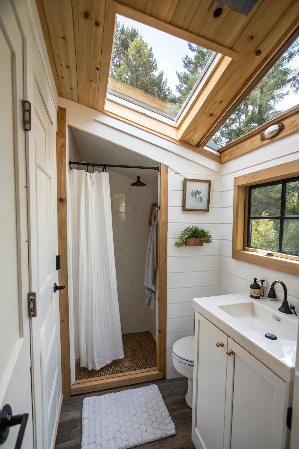 This small bathroom feels open and airy thanks to the dramatic addition of a skylight.