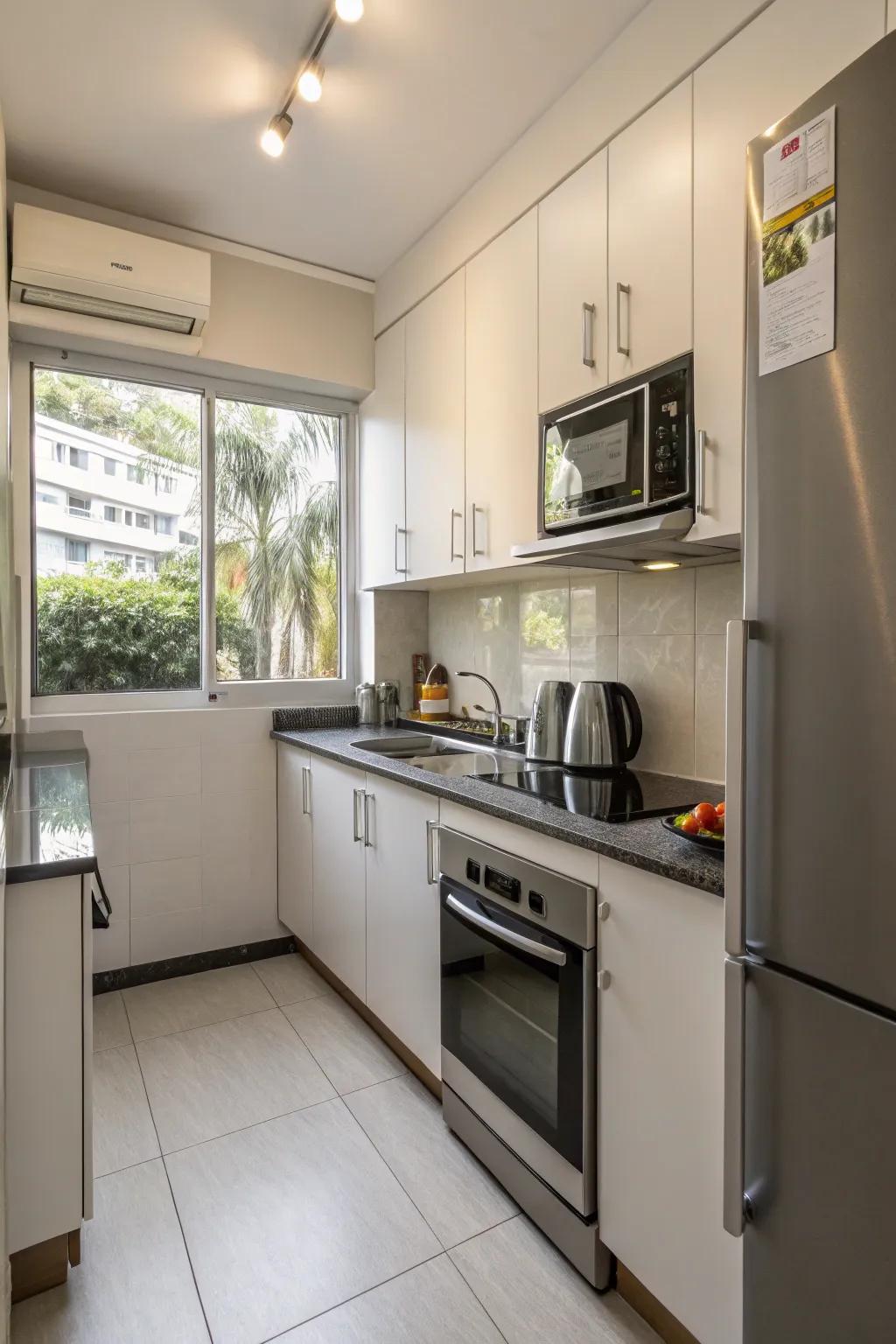 Compact appliances seamlessly integrate into a small kitchen, preserving full functionality.