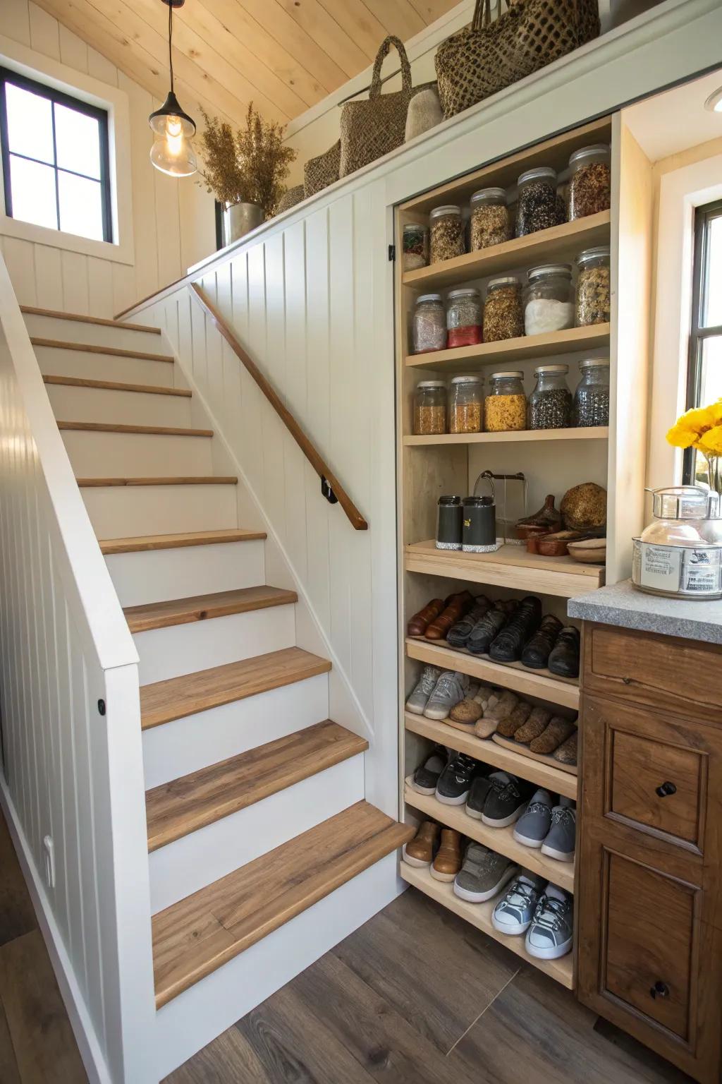 Under-stair cabinets optimizing storage solutions in a small home