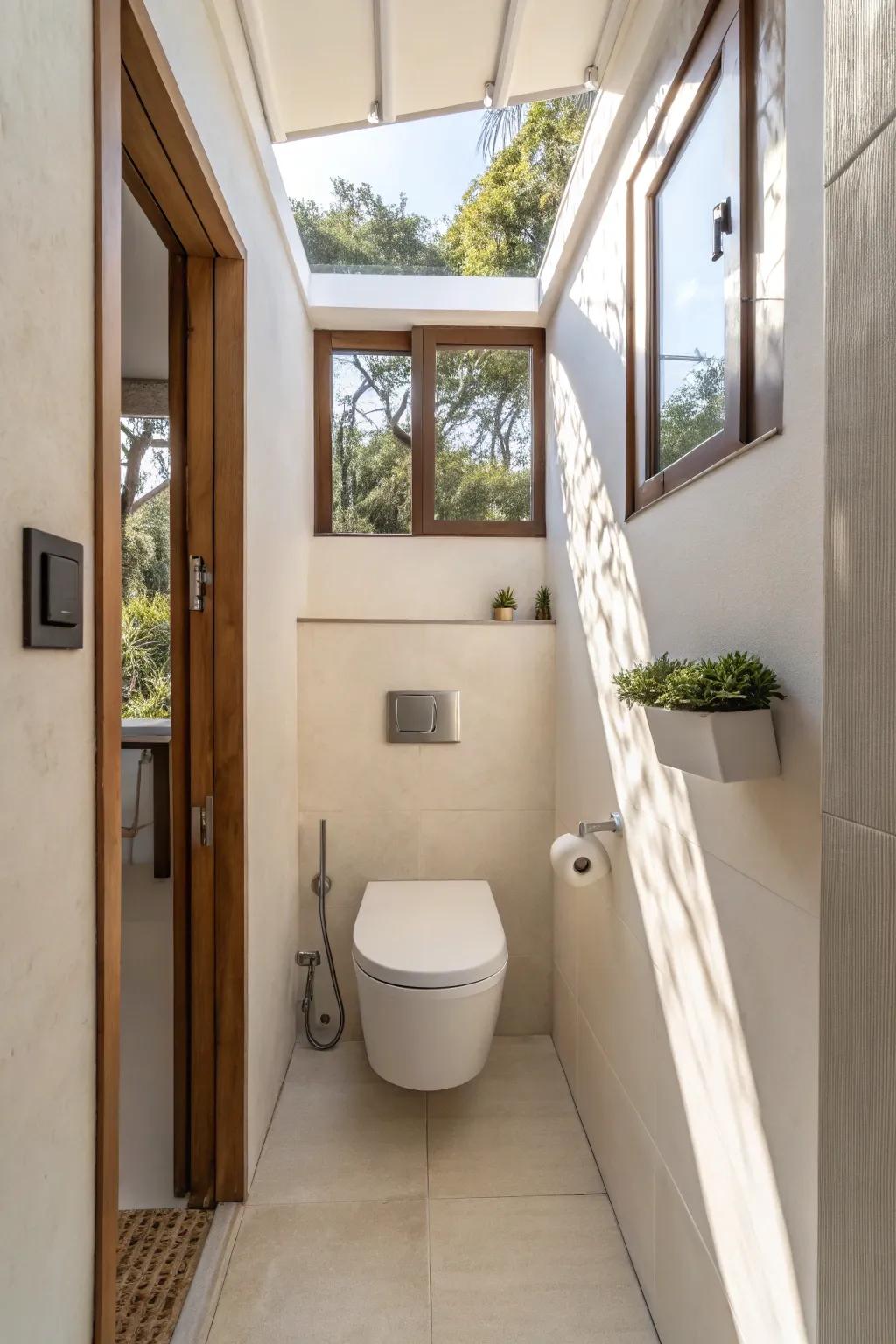Wall-mounted toilet enhancing space in a small bathroom