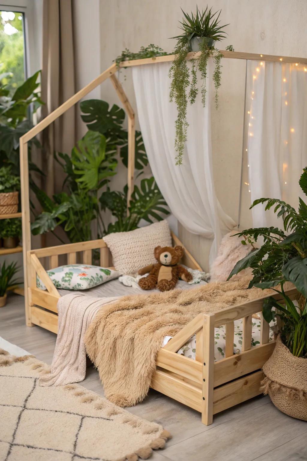 A raw wood bed, channeling the beauty of the outdoors.