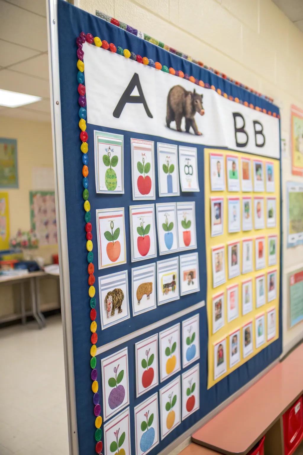 A board designed around the alphabet, featuring letters and corresponding visuals.
