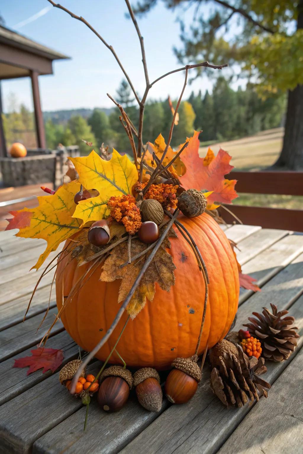 Embrace nature by decorating pumpkins beautifully with natural finds.