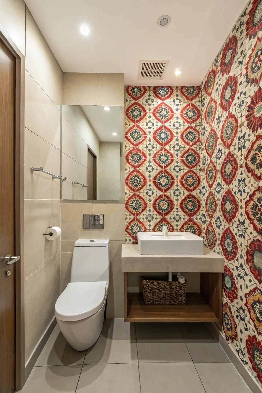 A bold, patterned wall introducing personality to a washroom.
