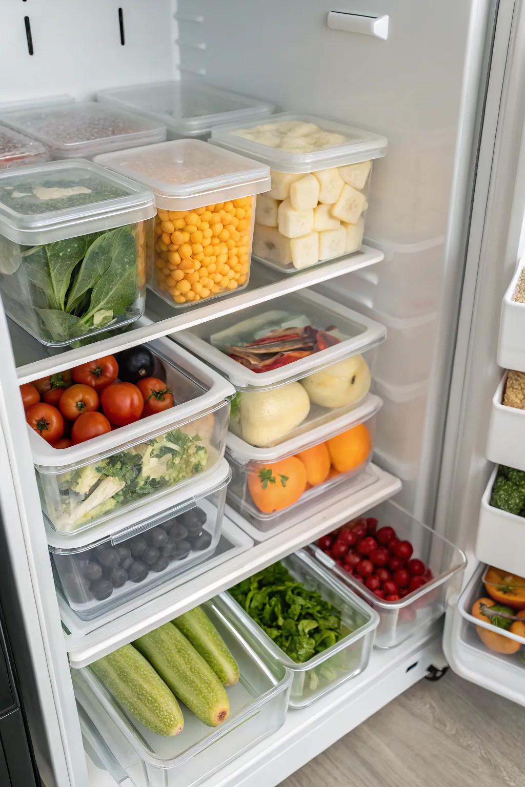 Vertical arrangement of food items using see-through dividers in a top freezer, improving space and visibility.
