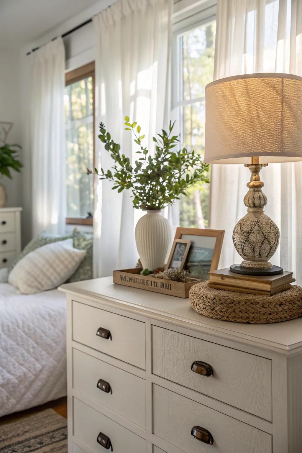 A small succulent in a pot enlivens a dresser.