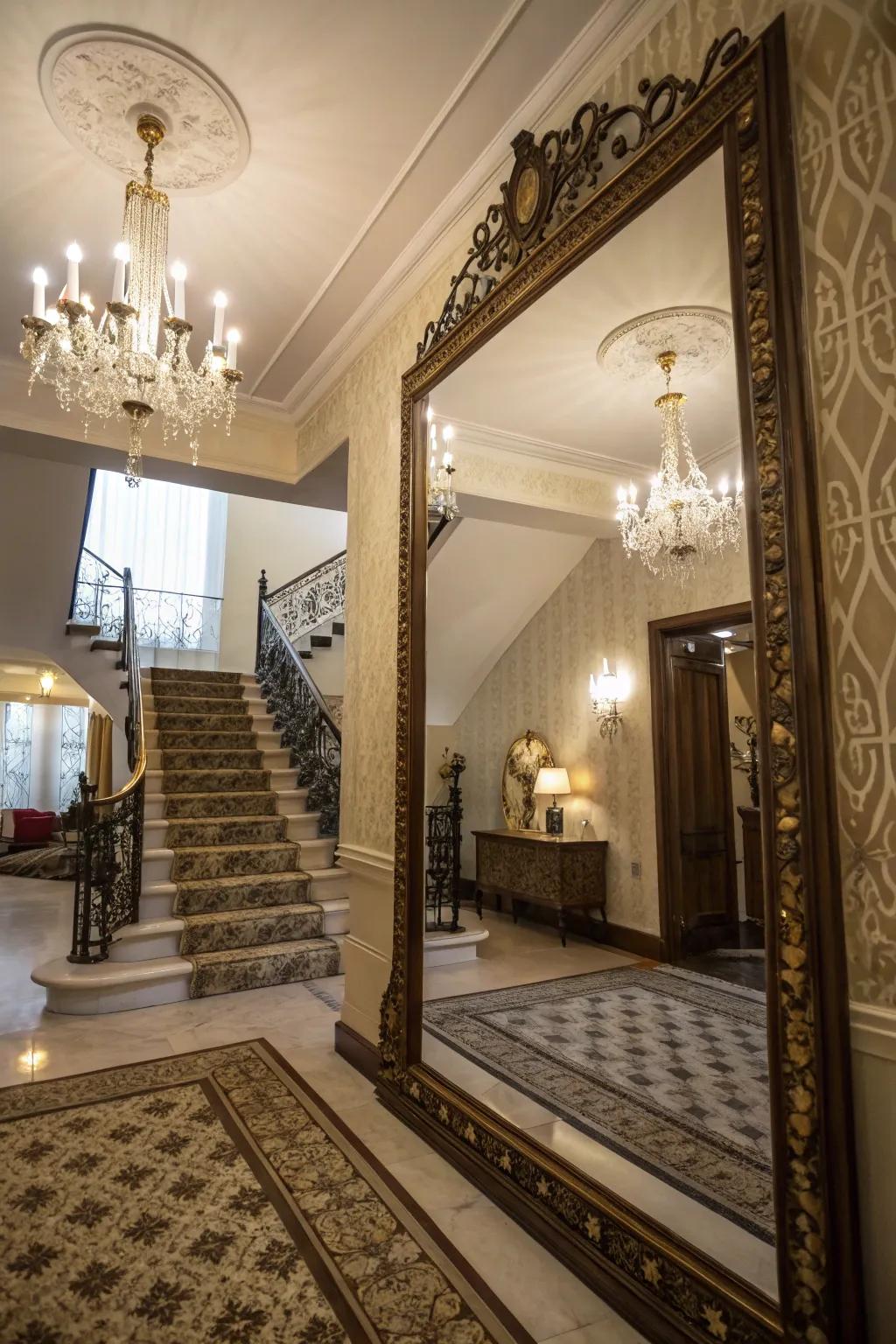 Reflective glass can amplify light and space near stair tops.