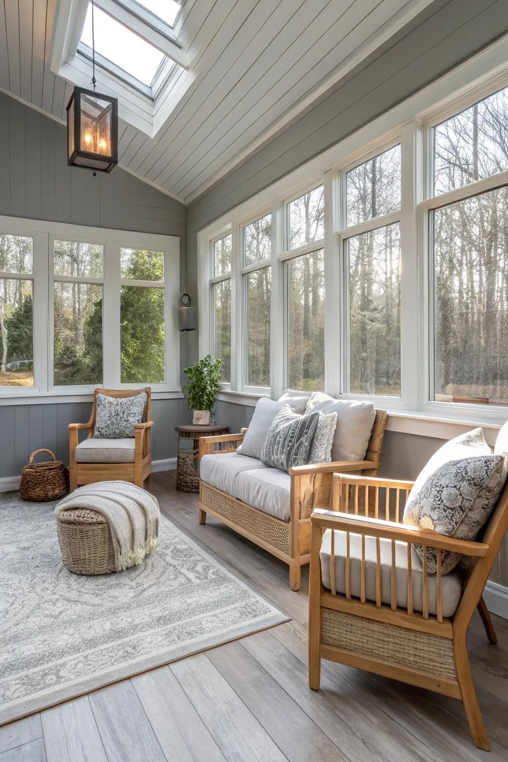 Subtle gray walls in a sunroom offering a versatile and sophisticated decor palette.