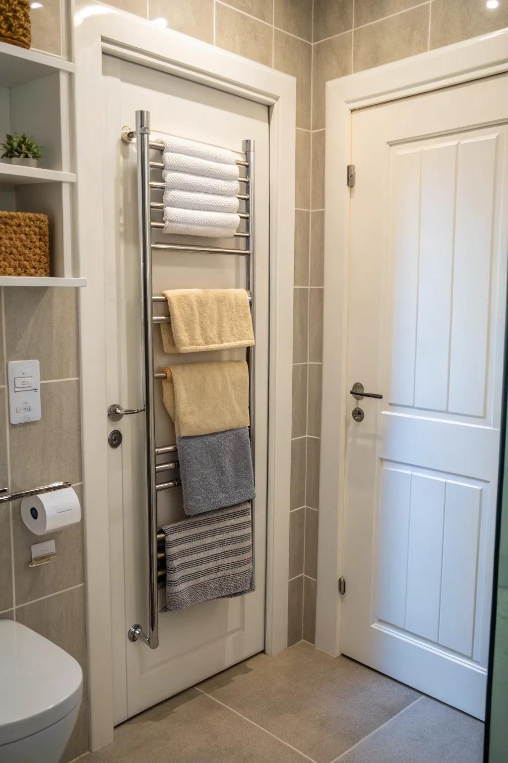 Utilize your bathroom door by installing a rack for towels.