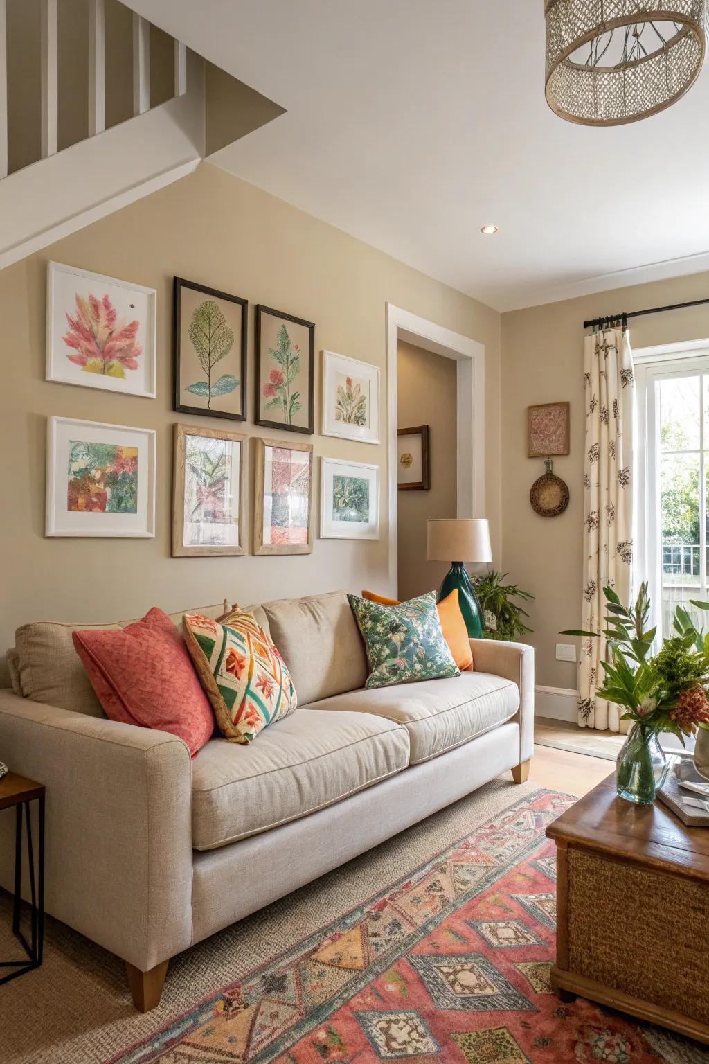 Neutral living room enhanced with vibrant accents