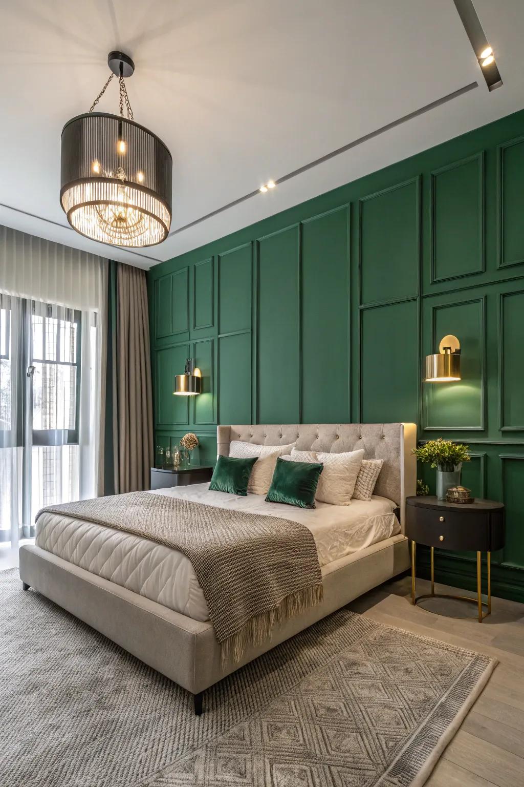 A townhouse bedroom displaying a striking green accent wall.