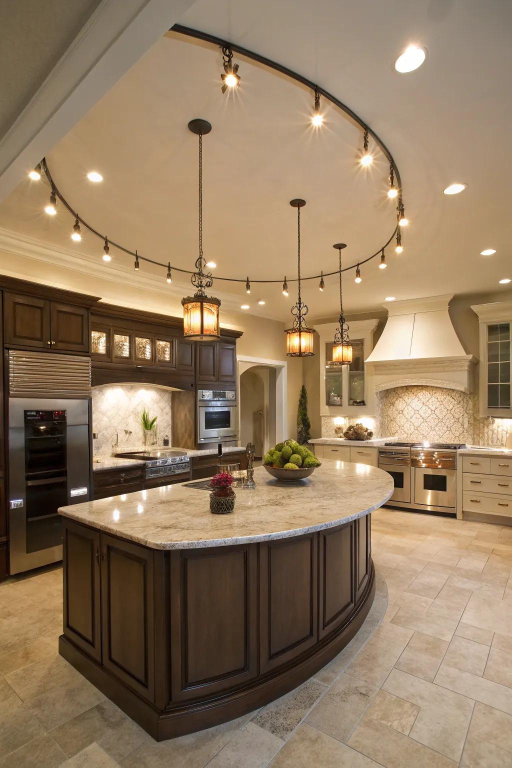Arched track illumination accentuating a round kitchen island