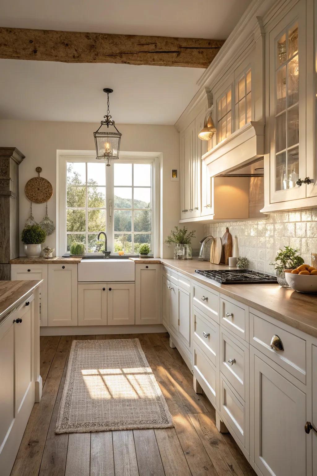 White and muted tones fashion a tranquil and everlasting kitchen arrangement.