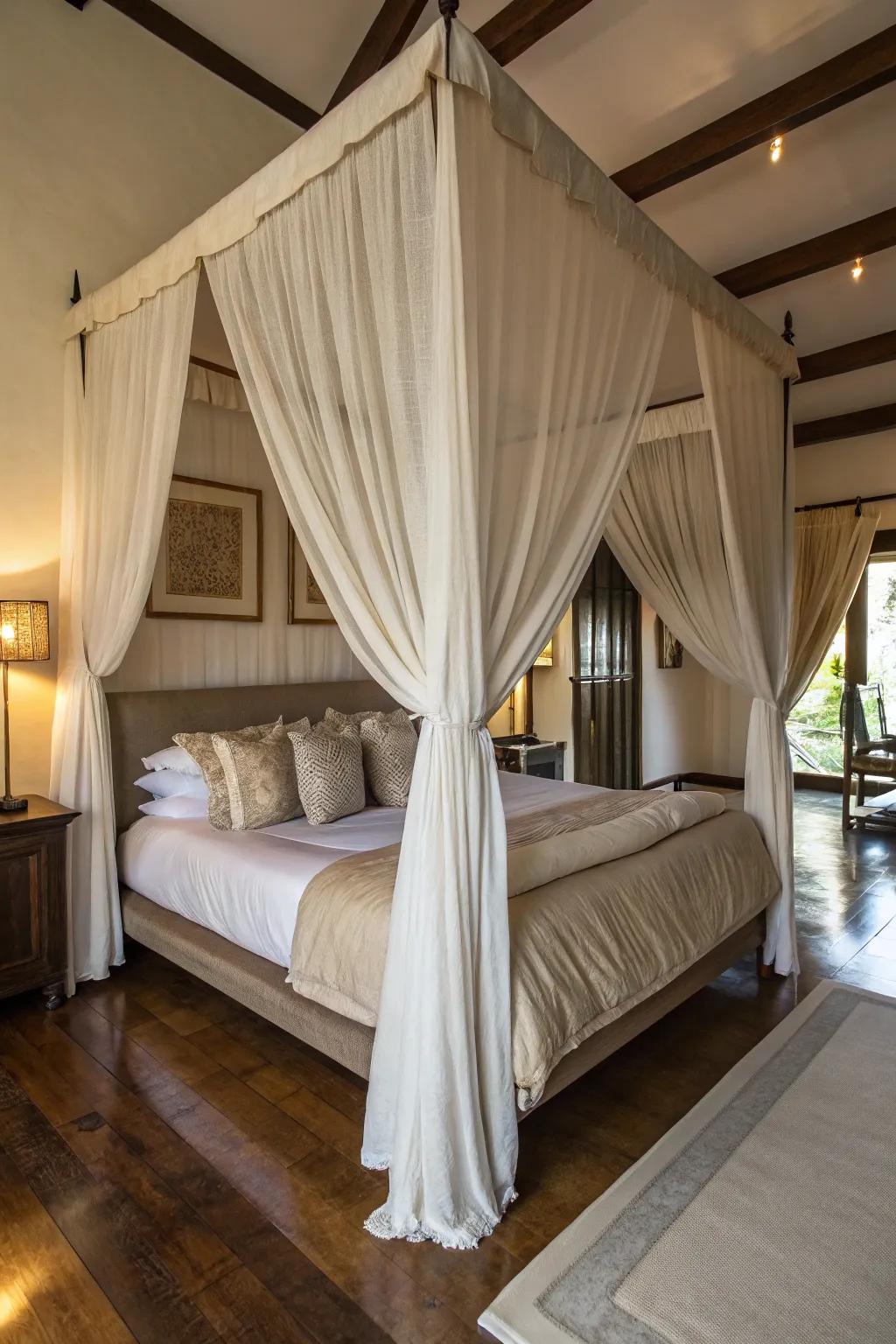 A draped bed can transform your space into a luxurious escape.