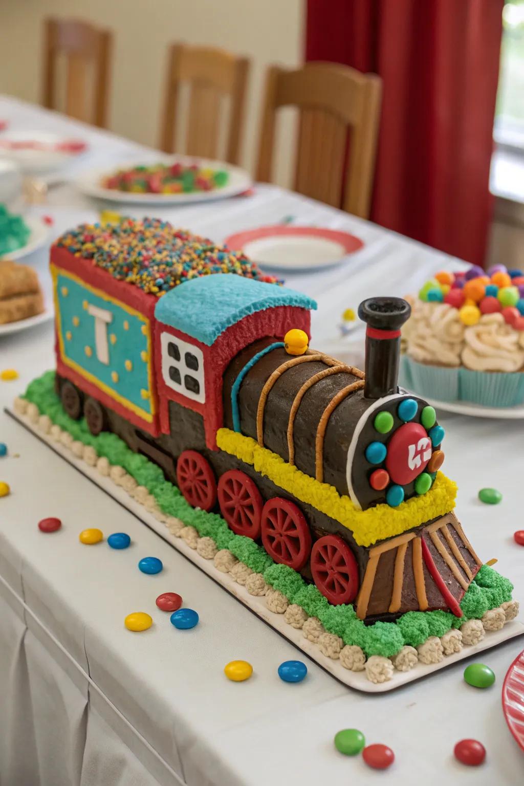 A charming cake shaped like a train dominates the scene.