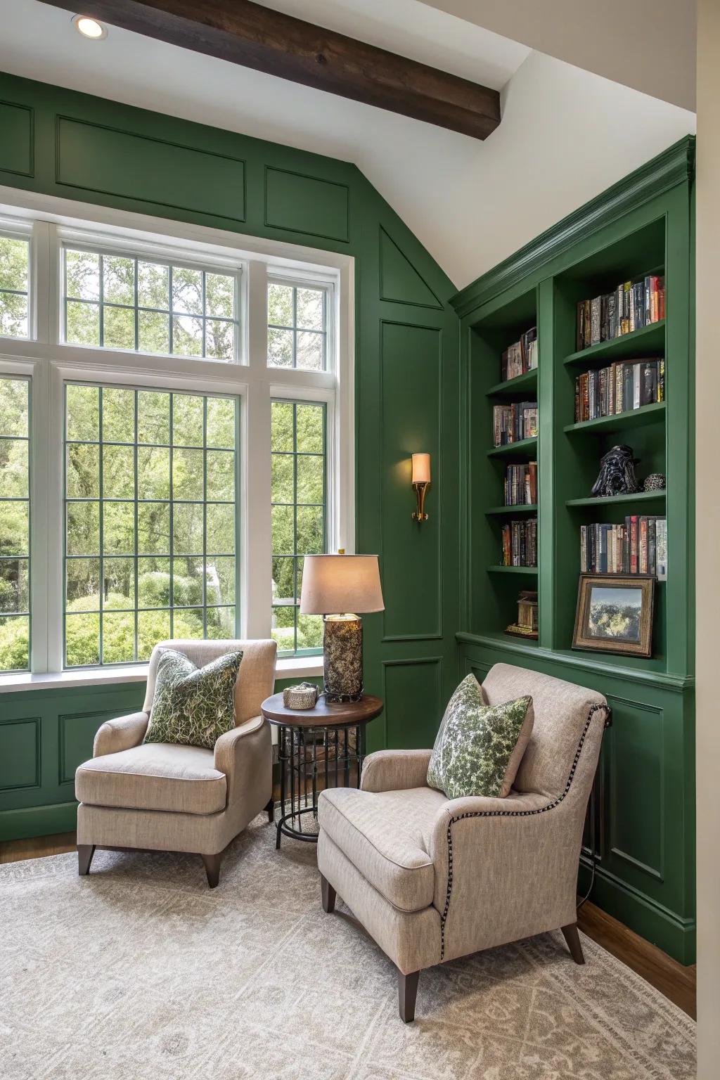 A striking emerald statement wall highlights a snug reading space.