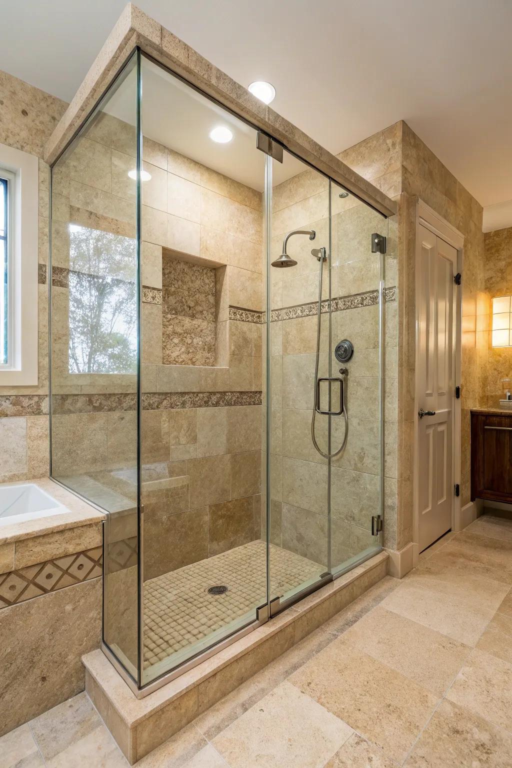 A spa-inspired open shower featuring travertine walls and a see-through glass enclosure.
