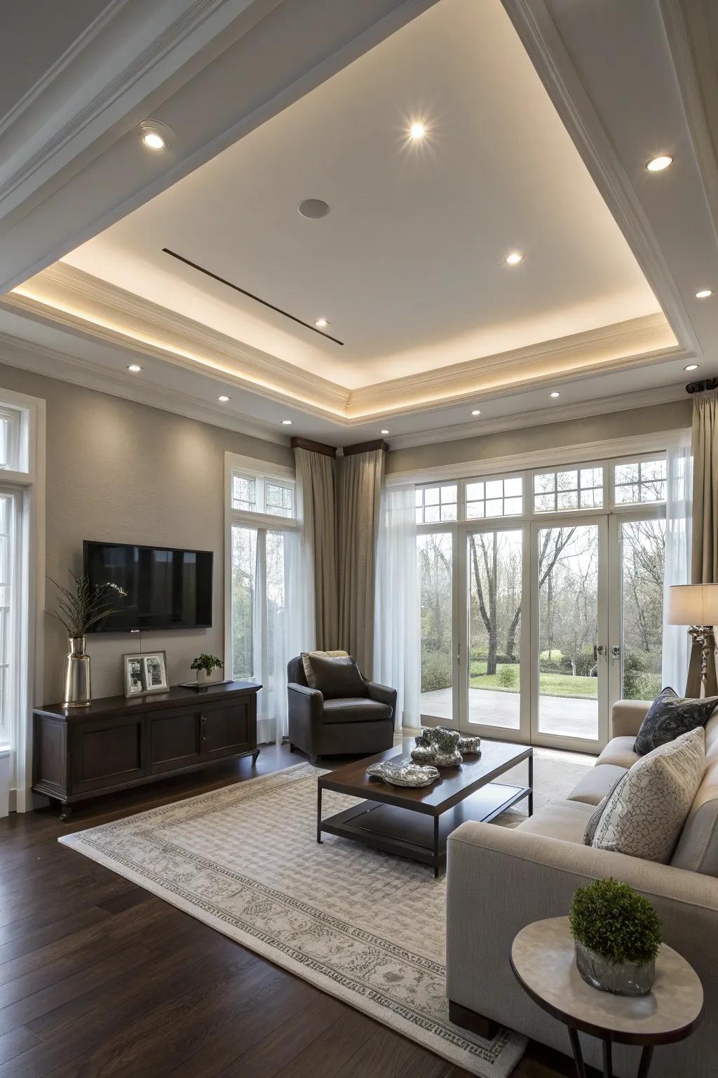 A modern living space featuring subtle recessed lighting.