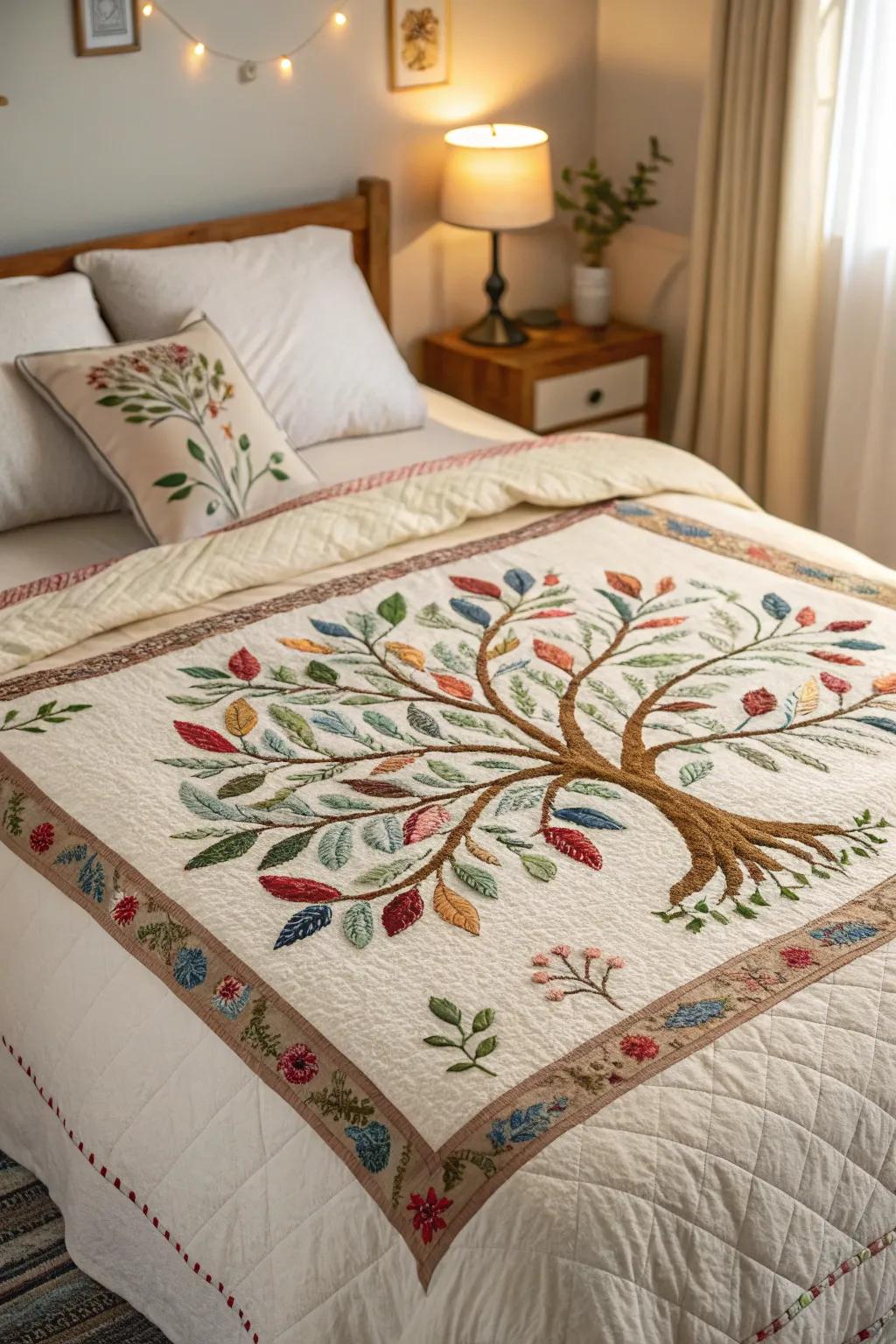 An embroidered Arbor Vitae patchwork quilt enhances the warmth of a welcoming bed.