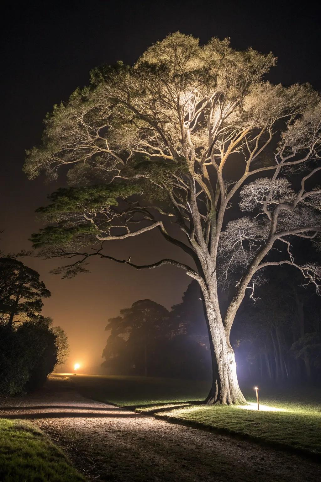 Illumination highlights the tree's stature and structure.