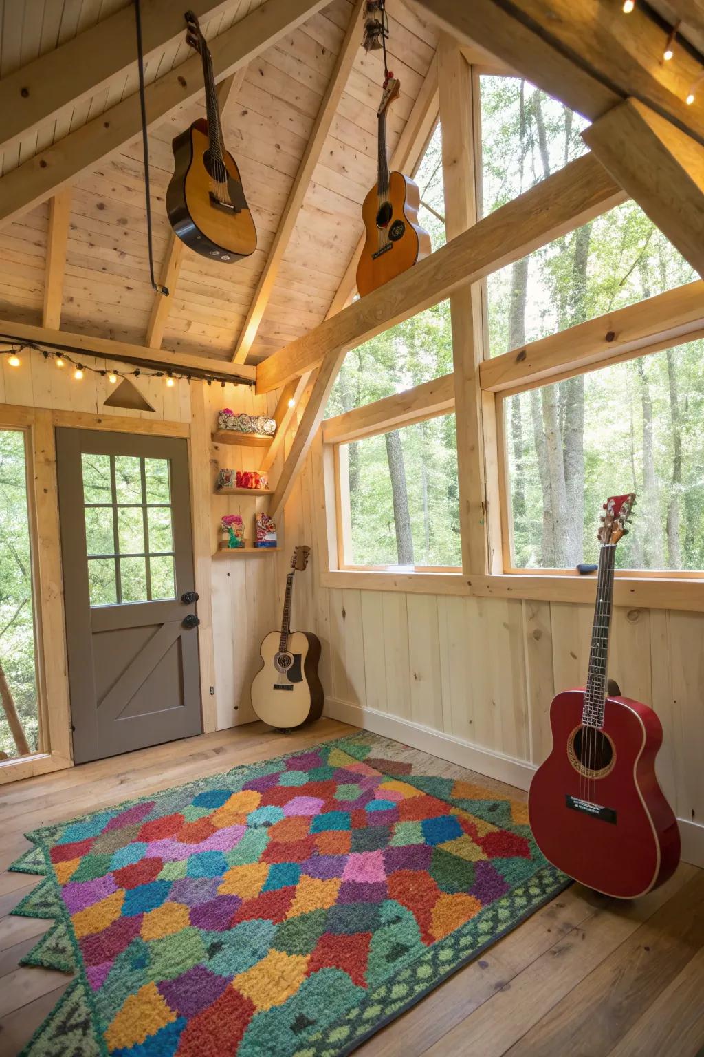Fun decor elements inside a treehouse, featuring a vibrant floor covering and suspended musical instruments.