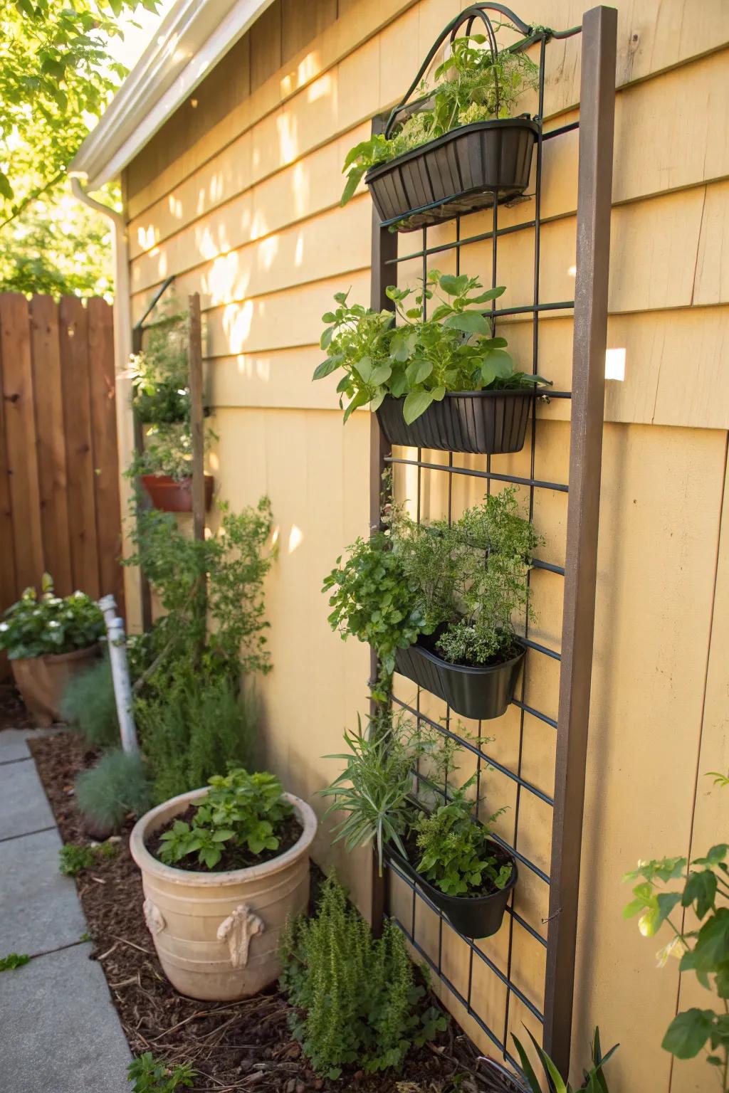Utilize space effectively with an upright herb display on a trellis.