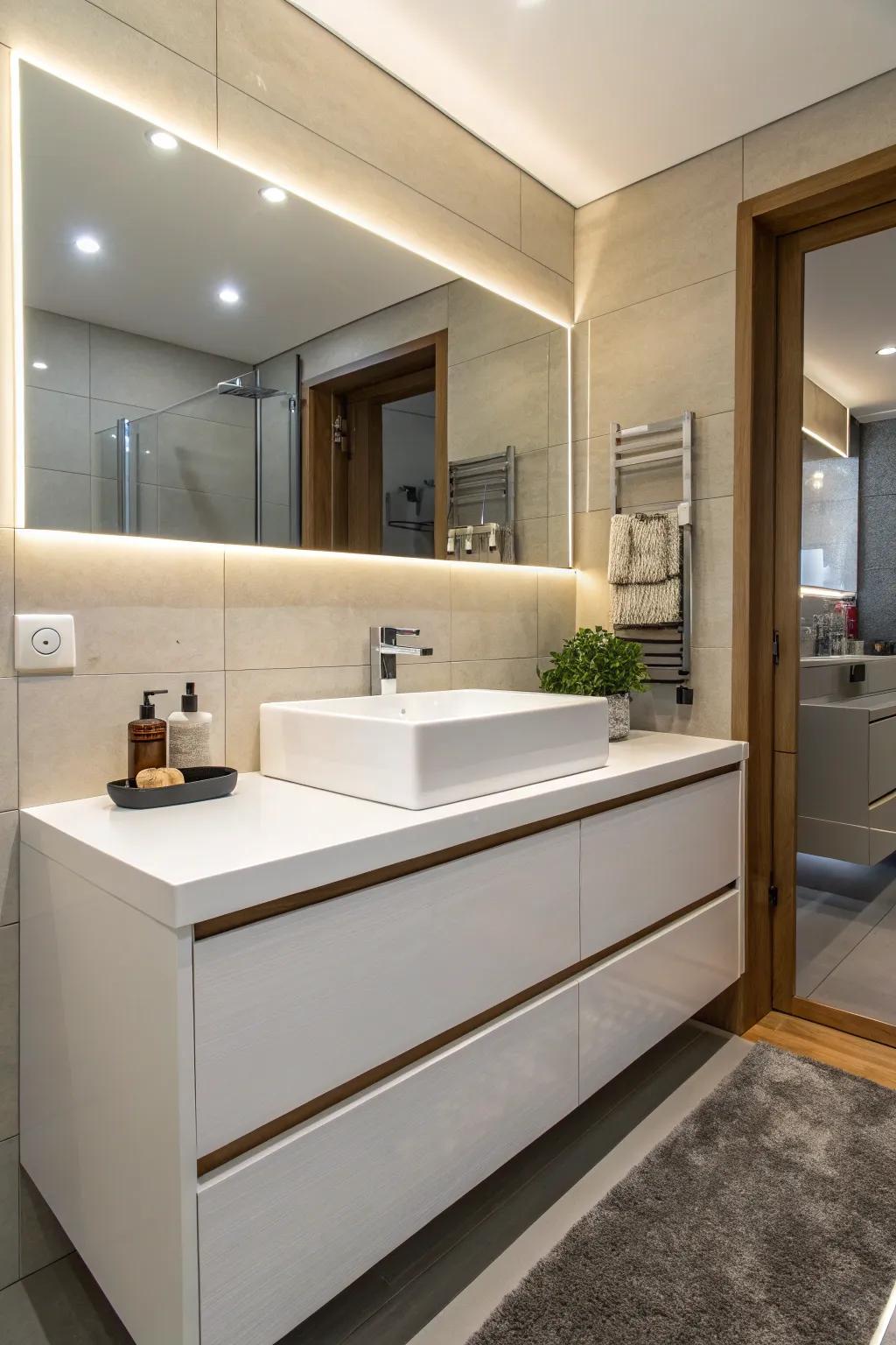A modern bathroom showcasing a unified sink and vanity for a tidy, seamless appearance.