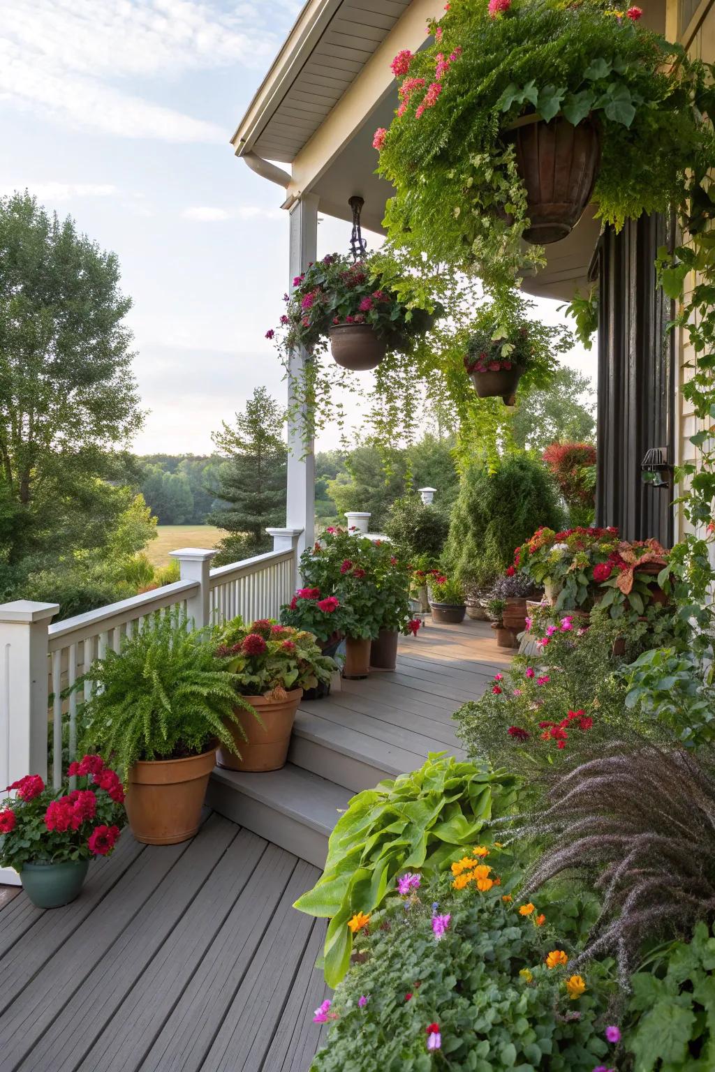 Flood your porch with nature through abundant potted plants.