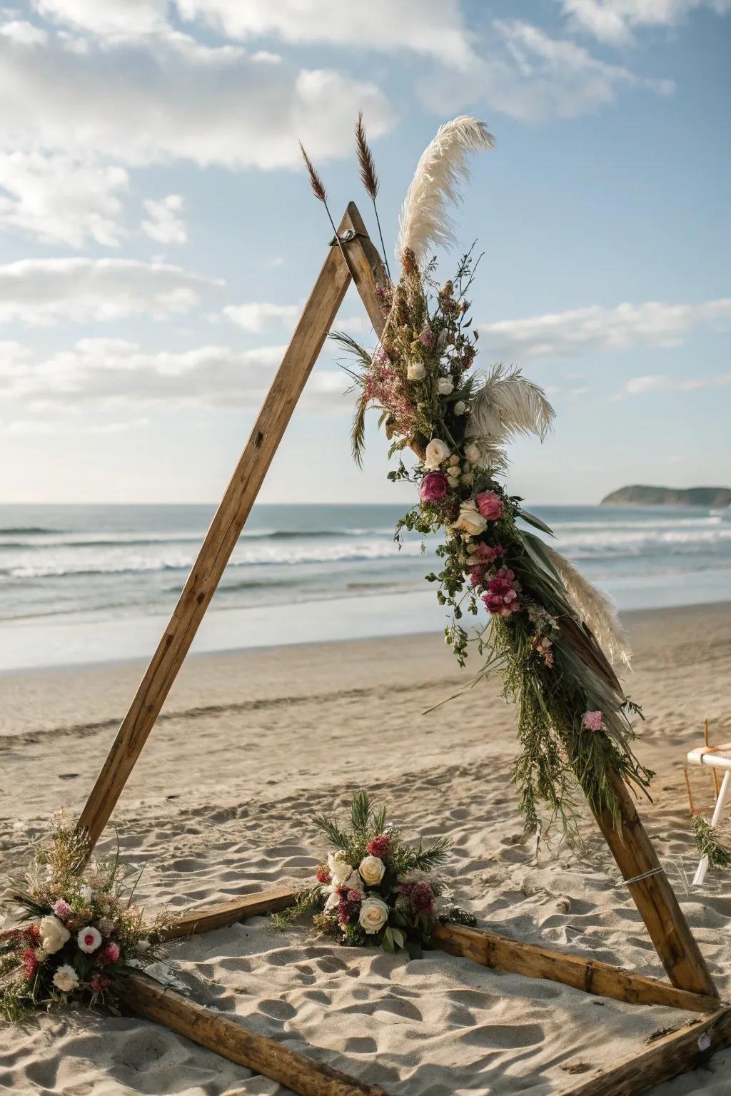 An earthy triangular archway ideal for outdoor or beachfront affairs.