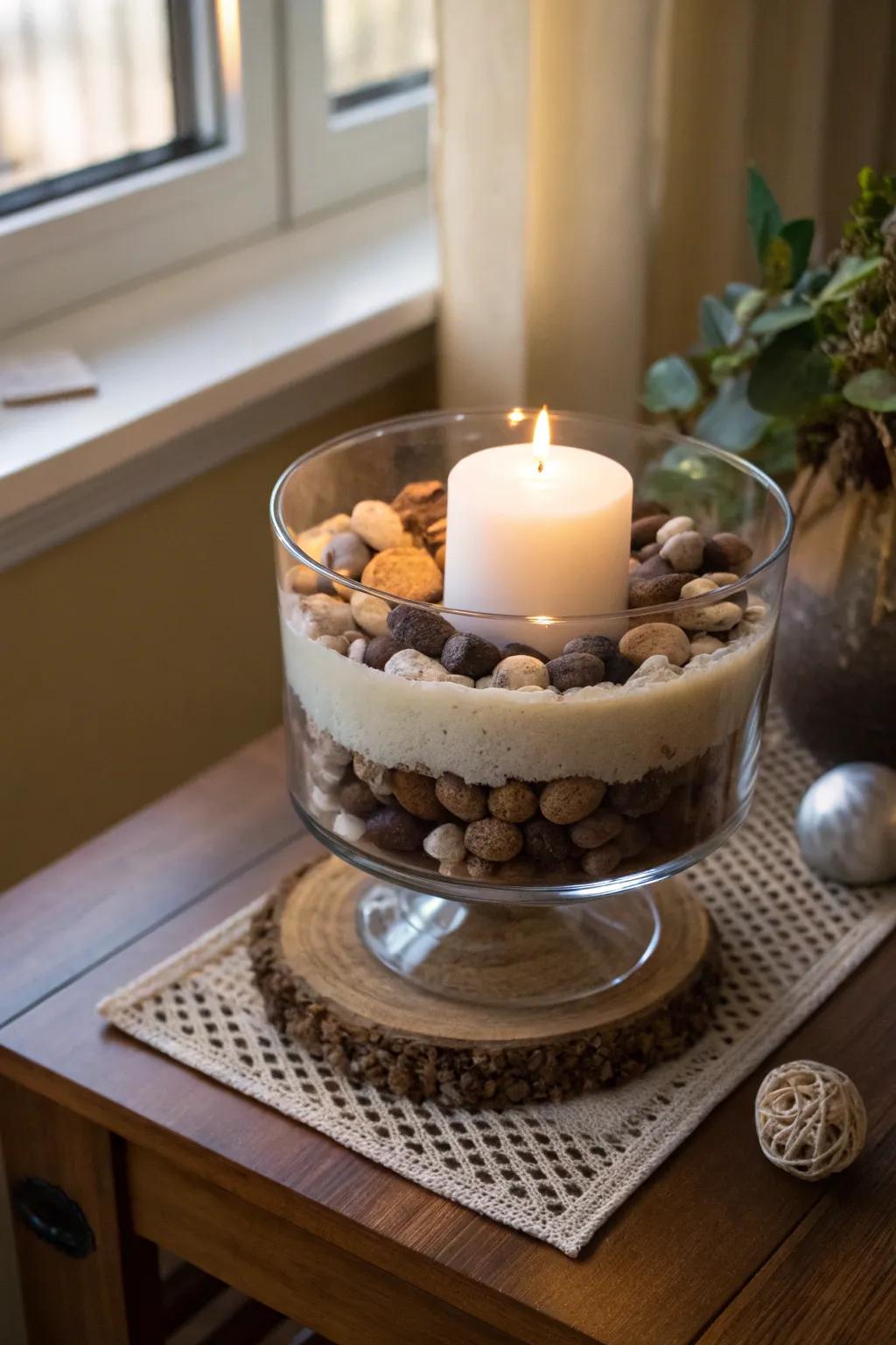 A warm ambiance created by a candlelit trifle bowl.