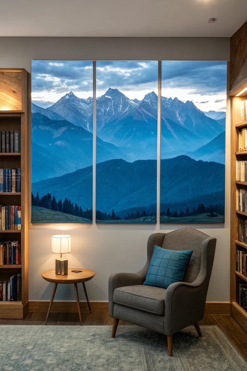 Majestic mountains portrayed in a soothing triptych.