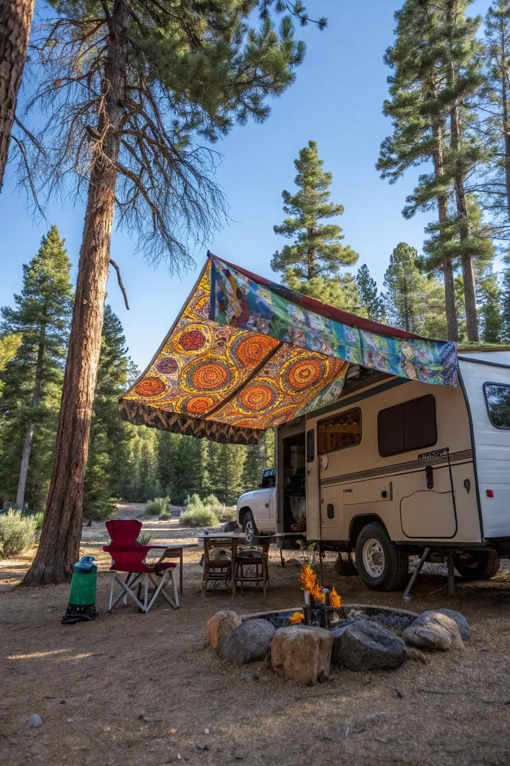 A delightful DIY awning adding a touch of individuality to a truck camper.