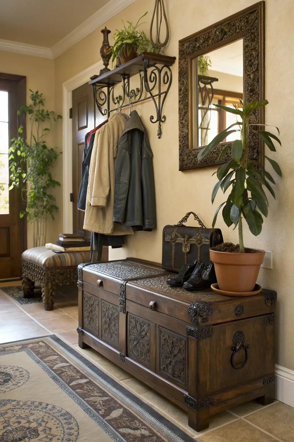This chest works as both a storage unit and a bench, perfect for keeping your entryway neat.