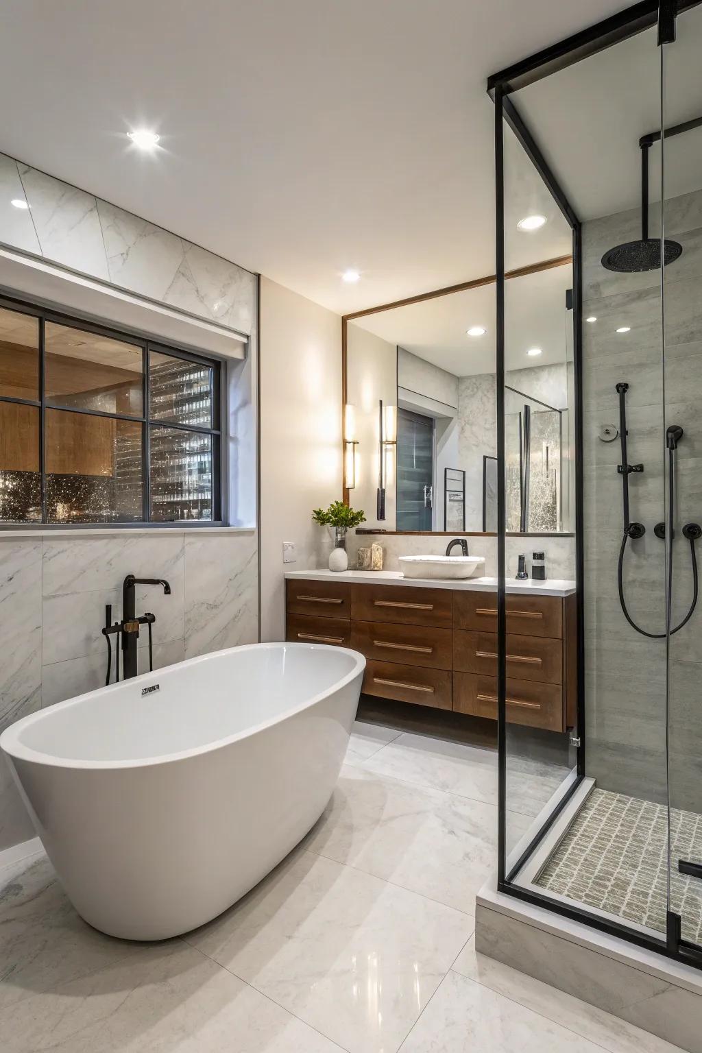 Standalone tubs create a lavish look alongside modern showers.