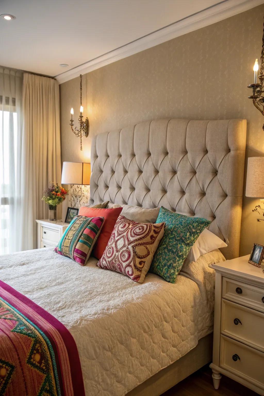 A calming bedroom featuring a neutral tufted headboard.