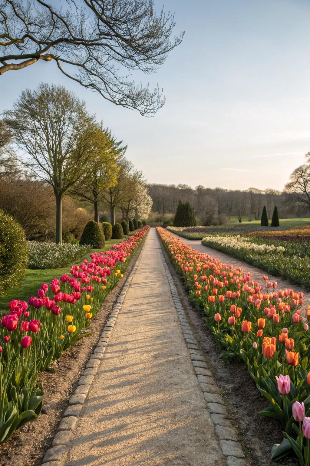 A garden pathway beautifully bordered by rows of blooming tulips.