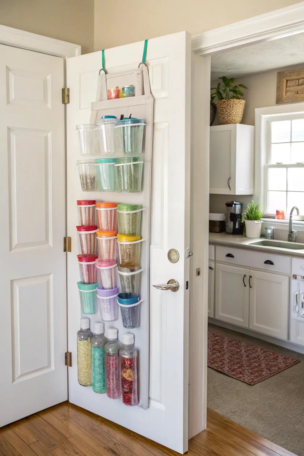 Suspended organizer on a storage area entrance, perfect for tumbler storage.