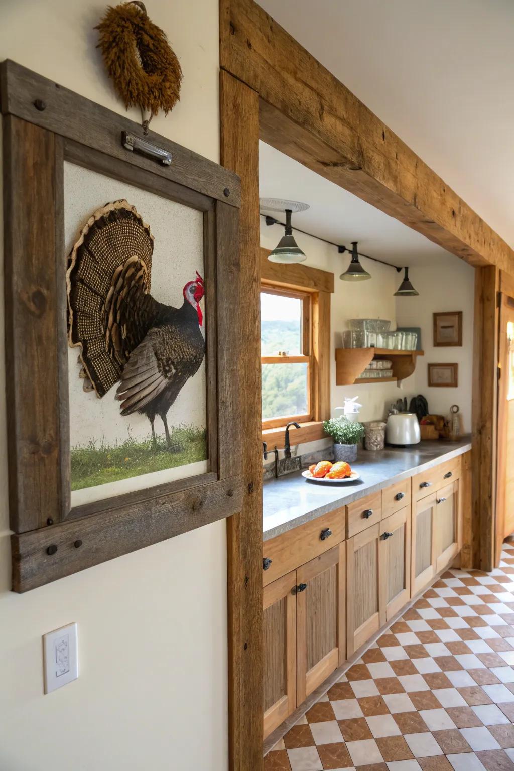 A turkey fan in a farmhouse wood border, ideal for a country-chic aesthetic.