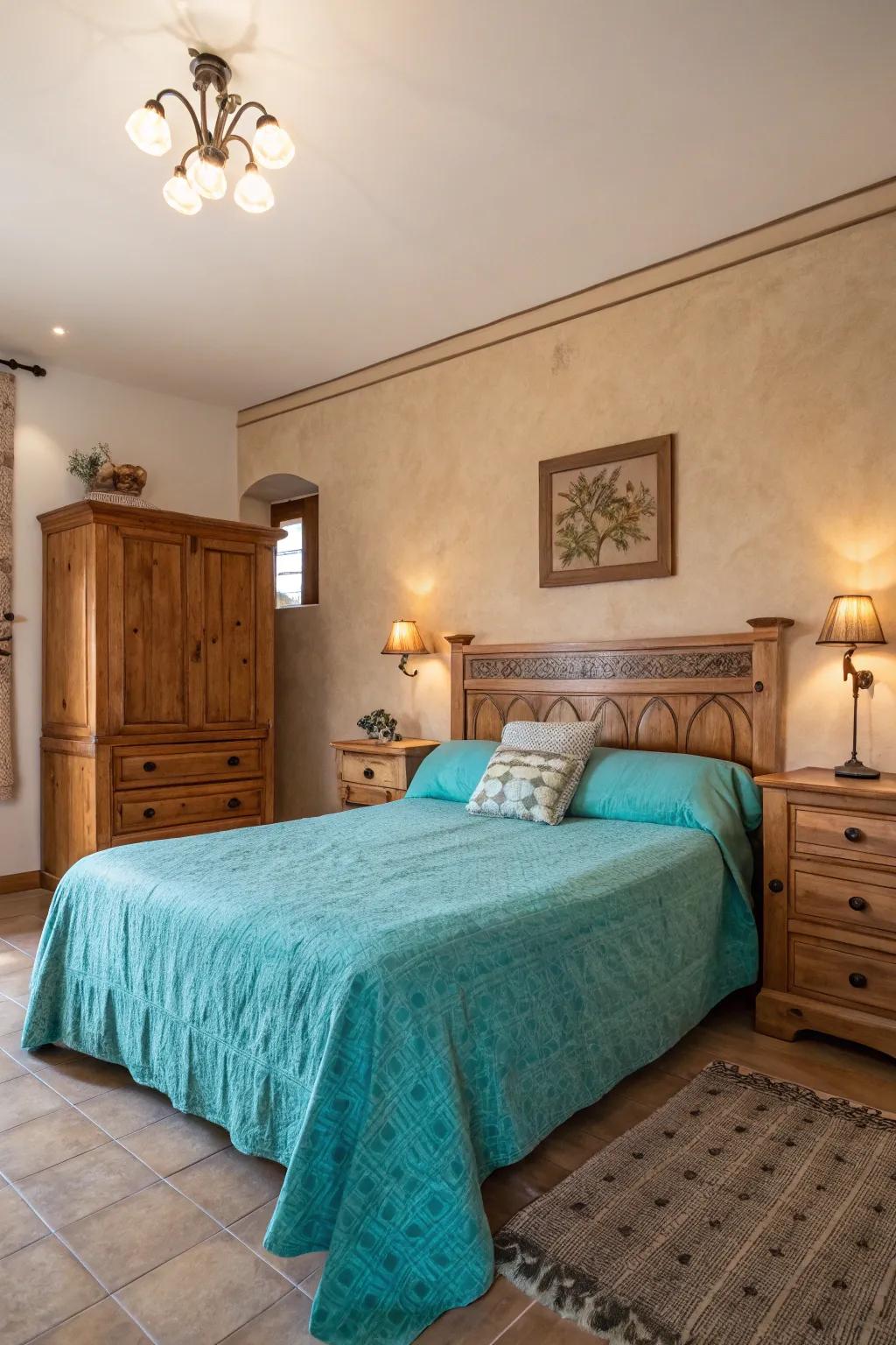 A seamless mix of turquoise and neutral hues for an elegant bedroom atmosphere.