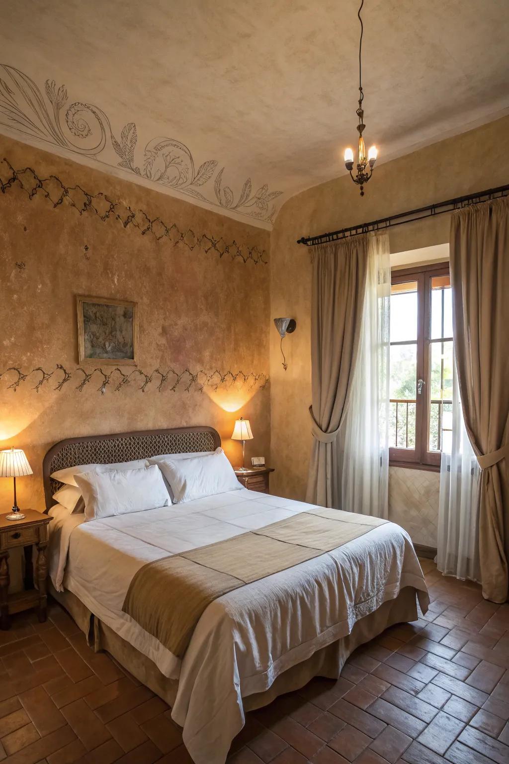 Rough-hewn walls contribute a country-style element to your Tuscan-themed space.