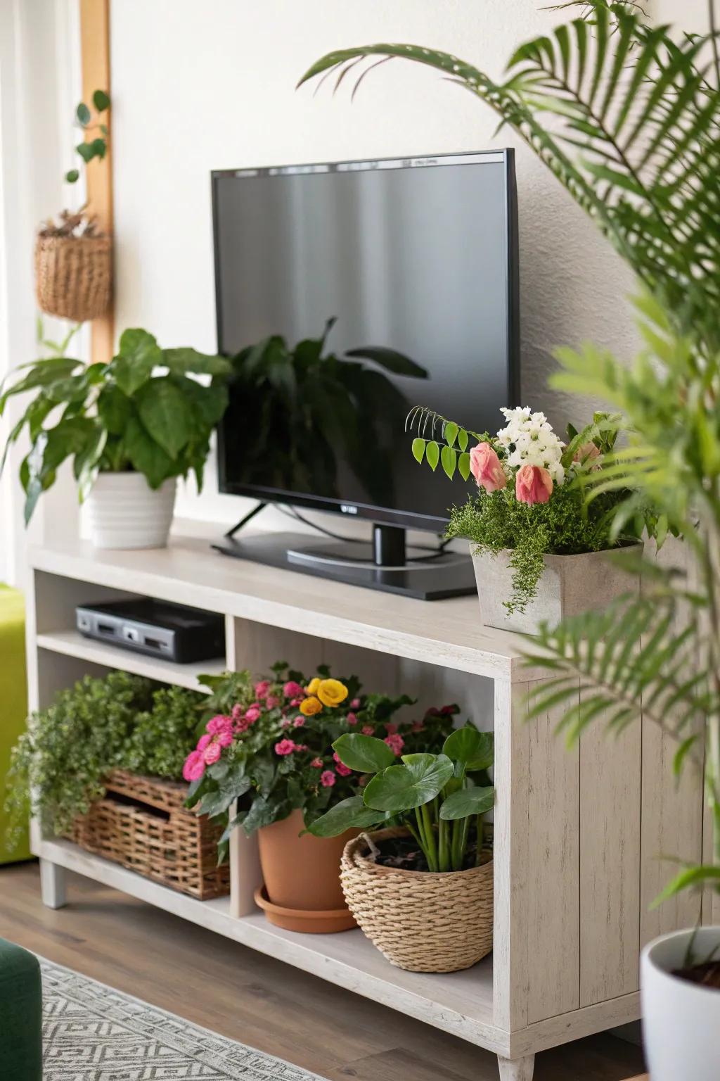 TV stand decor enhanced with natural greenery.